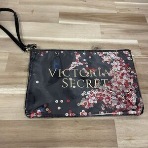 Victoria's Secret Confetti Sequin Wristlet Bling Black Red Silver Makeup Bag NEW